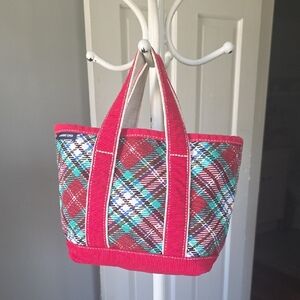 Lands’ End Plaid Tote – Red Handles, Canvas Carryall Boat Tote